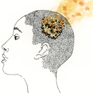 Dessin tête de femme crâne rasé avec éponge de mer sur la tête