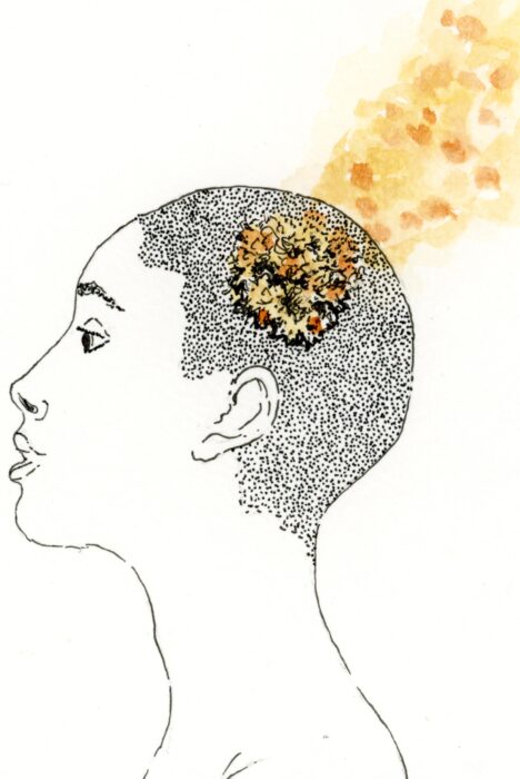 Dessin tête de femme crâne rasé avec éponge de mer sur la tête