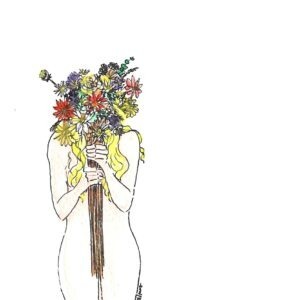 aquarelle femme qui tient un bouquet de fleurs, visage caché