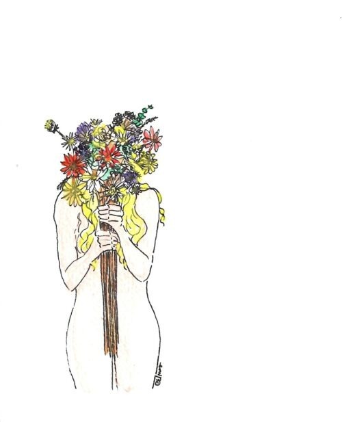 aquarelle femme qui tient un bouquet de fleurs, visage caché
