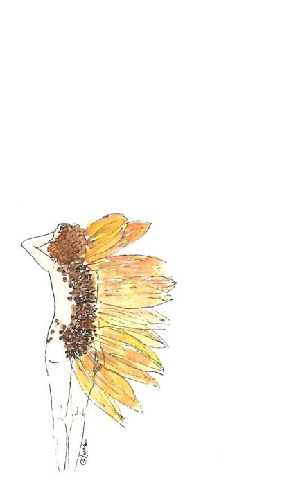 aquarelle mi-femme mi-fleur de tournesol de dos