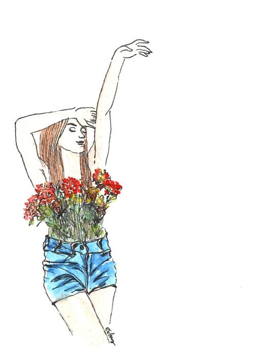 aquarelle femme ayant un bouquet de fleurs coincé dans le pantalon et qui cache le buste