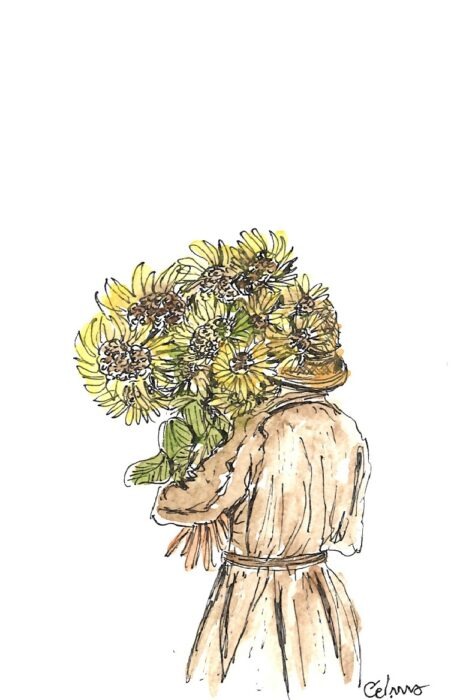 aquarelle femme de dos en imperméable qui tient un gros bouquet de tournesols