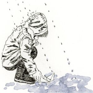 dessin noir et blanc enfant accroupi avec son bateau sur flaque d'eau