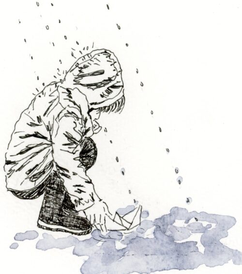 dessin noir et blanc enfant accroupi avec son bateau sur flaque d'eau