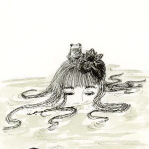 dessin femme dans une mare, une grenouille posée sur la tête