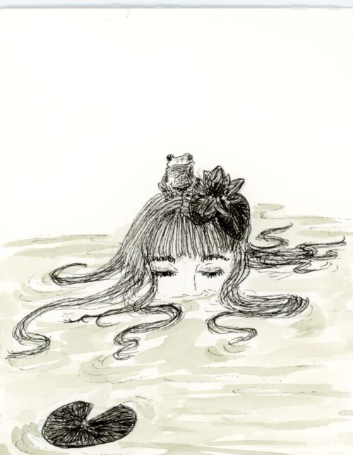 dessin femme dans une mare, une grenouille posée sur la tête