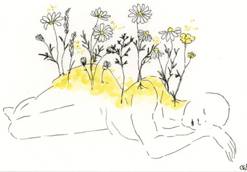 Silhouette allongée qui dort, des fleurs poussent sur son dos