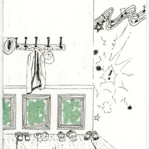 Dessin noir et blanc avec touche de couleur verte, intérieur maison bruyante