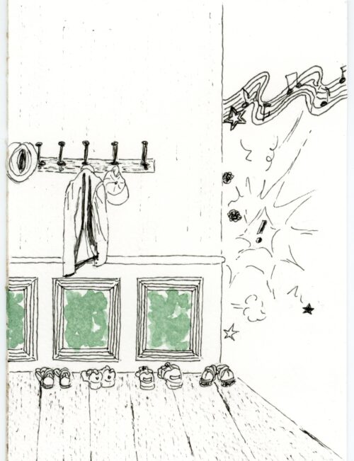 Dessin noir et blanc avec touche de couleur verte, intérieur maison bruyante