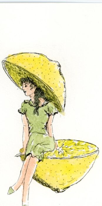 aquarelle femme assise sur un citron coupé en deux