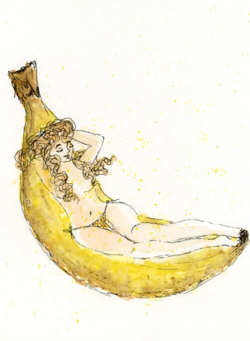 aquarelle femme allongée sur une banane