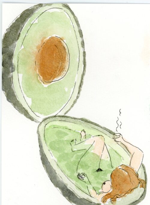 aquarelle femme qui se baigne dans un avocat coupé en deux