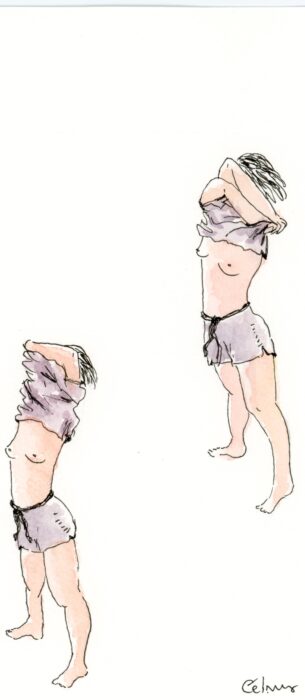 dessin en deux parties: femme qui retire son haut