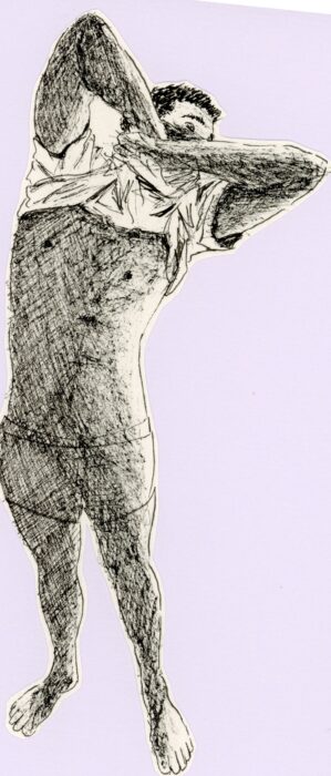 dessin noir et blanc homme qui retire le haut