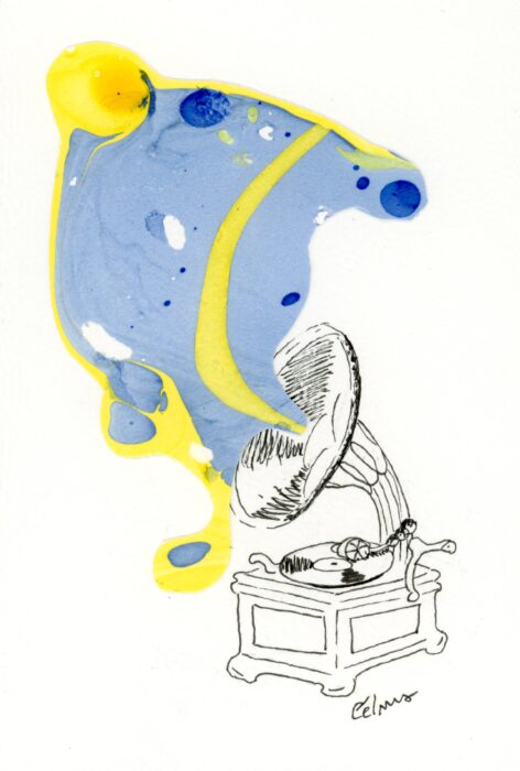 Gramophone avec éclat de couleur jaune et violet (vernis)