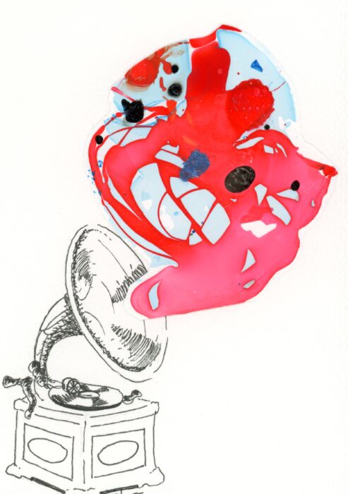 Gramophone avec éclat de couleur rouge et bleu (vernis)