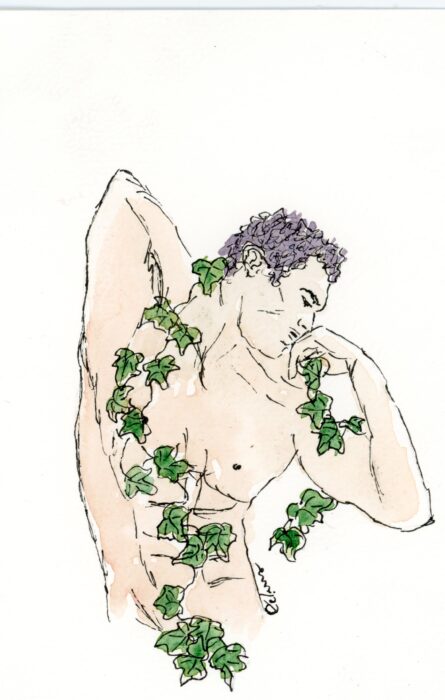aquarelle homme torse nu, entouré de lierre