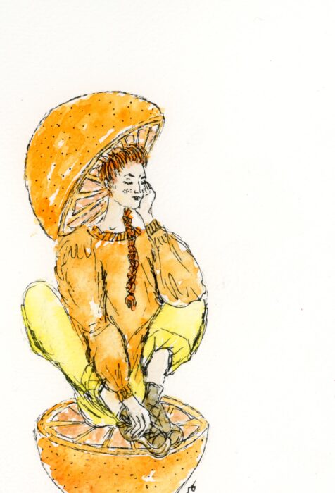 aquarelle femme habillée en orange, assise sur une orange coupée en deux