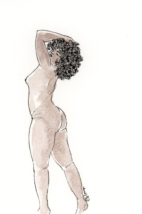aquarelle femme nue métisse qui prend la pose