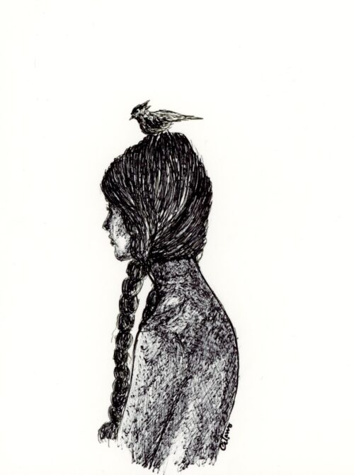 dessin noir et blanc femme de profil avec oiseau sur la tête