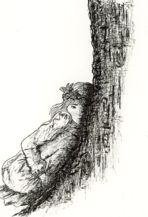 dessin noir et blanc fillette contre tronc arbre
