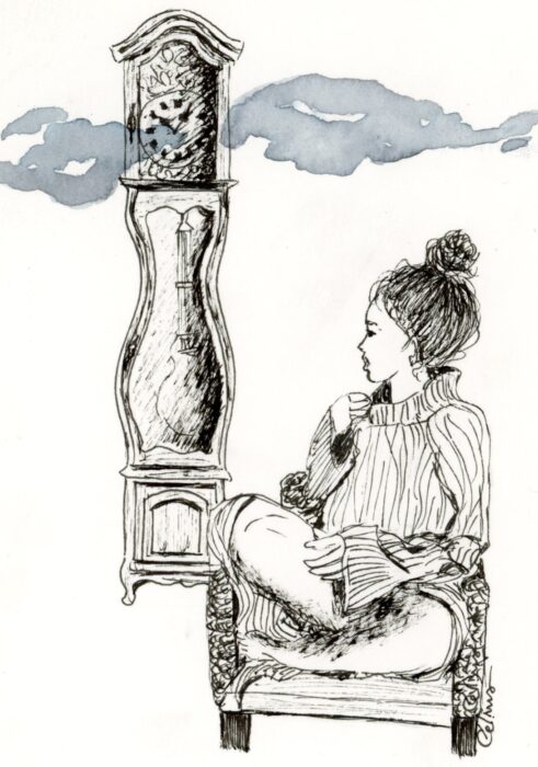 dessin noir et blanc femme assise à côté d'une comtoise