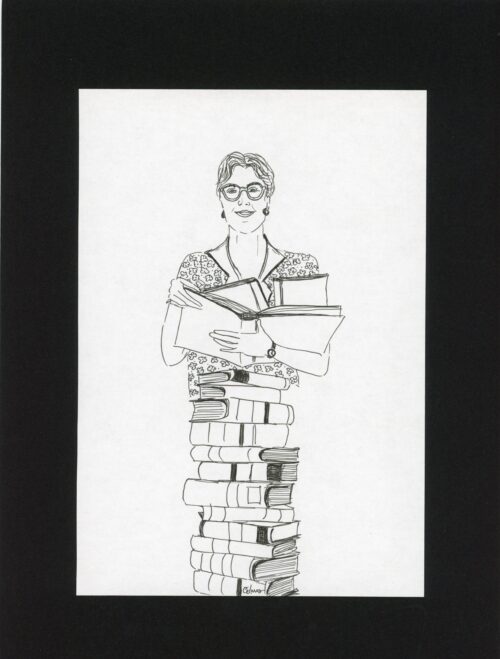 Dessin noir en blanc femme qui tient livres dans ses mains et derrière une pile de livres