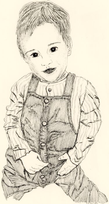 Dessin noir et blanc petit garçon en salopette et chemise