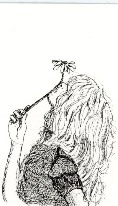 dessin noir et blanc d'une femme qui sent une fleur